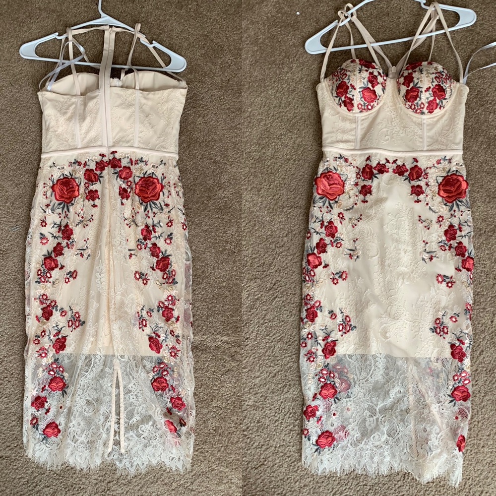 Bebe nude lace dress with embroider red roses